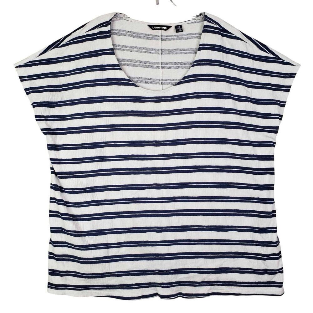 Lands End Shirt Women's Plus Size 20 22 Navy Blue White Stripe Short Sleeve Tee - Picture 2 of 9